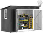 DWVO 8.5x3.5ft Large Tool Storage Shed with Window, Lockable Doors, and Sloped Roof, Oversized Steel Outdoor Storage Shed for Garden, Patio, Garage, Backyard, Lawn - Dark Gray