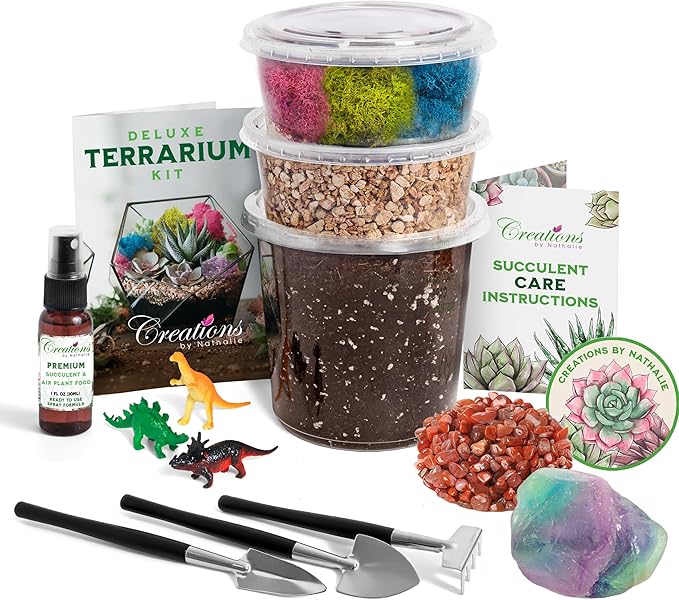 Creations by Nathalie DIY Terrarium Starter Kit - Small Terrarium Kit with Moss, Soil, Pebbles, Tools, Crystals & Figurines - Fun Gardening Craft Supplies for Adults & Teens - Handcrafted in USA