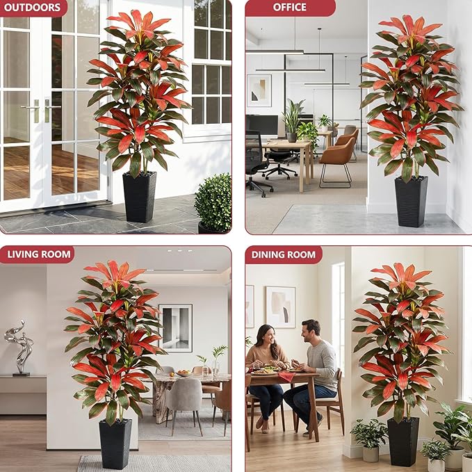 Artificial Red Dracaena Tree - 6FT Tall Fake Plants with Black Square Planter - Artificial Plants Indoor Floor Plant in Pot - Large Tropical Fake Yucca Potted Tree for Home Office Living Room Decor