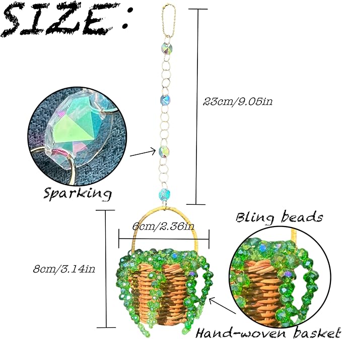 Bling Suncatcher String of Beads Plant Hanging Basket, Cute Handcrafted Crystal Succulent Sun Catchers for Window Hanging, Shiny Garden Crystal Sun Catcher Plant Lover Gift Mom Gifts (Green)