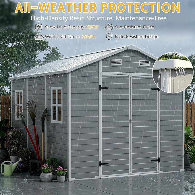 PIPLEO 8x10 FT Resin Outdoor Storage Shed with Floor, Plastic Garden Storage Shed with Lockable Door & Vent, All Weather Versatile Tool Shed for Backyard, Patio, Lawn, Cloud Gray