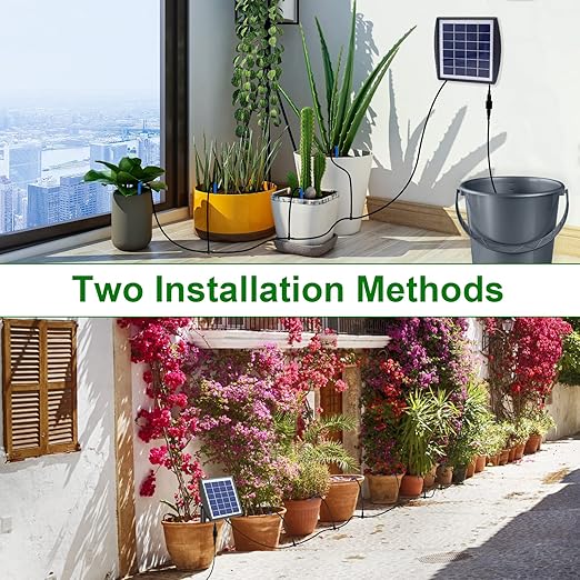 RISINGUP 49FT Solar Drip Irrigation System, Auto Plant Watering Kit with Anti-Siphoning Device 750ml/min Flow with 2200mAh Battery, for 15 Potted Plants Outdoor Garden, Patio, Balcony, Greenhouse