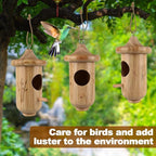 Hummingbird House for Outside Hanging, Small Wooden Hummingbird Gifts Nest 3 Pack with Hemp Ropes, Gardening Gifts Humming Bird Houses Home Decoration