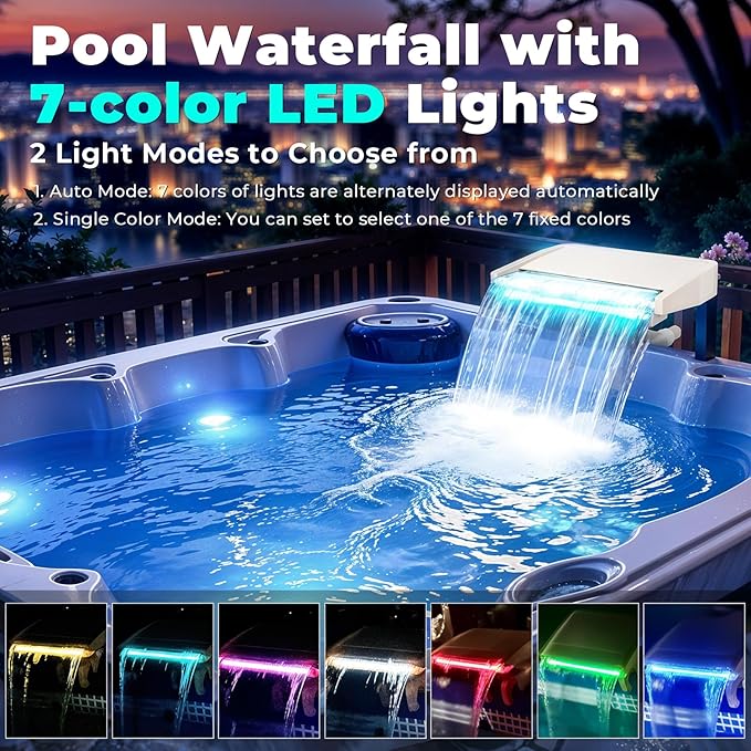 Hanaoyo LED Pool Fountain Waterfall for Above Ground Pools, 7 Different Lighting Colors, Smooth Flowing Pool Waterfall Relaxing Cascade for Outdoor Decor, Adjustable Width Fits Various Frames