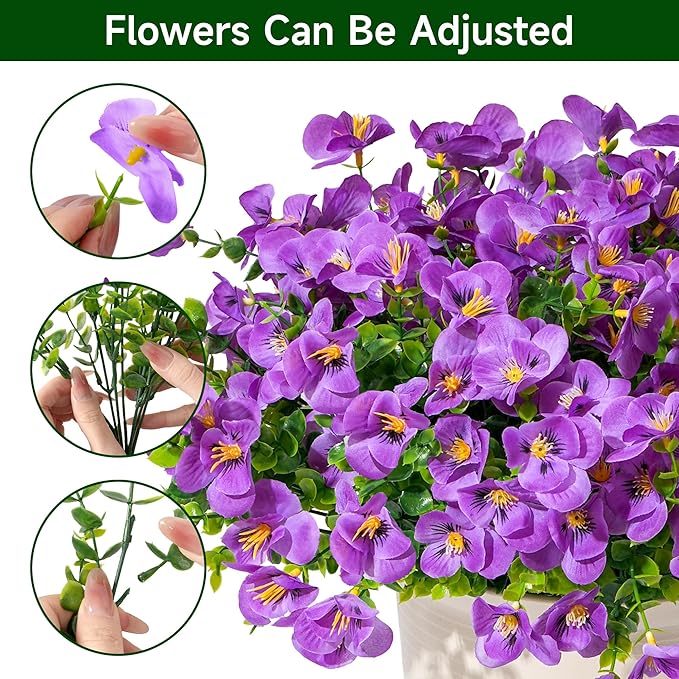 Artificial Flowers for Outdoor, UV Resistant Fake Silk Pansies Flowers, Realistic Faux Plants for Outside Indoor Porch Patio Window Box Planter Home Decor (16, Purple)
