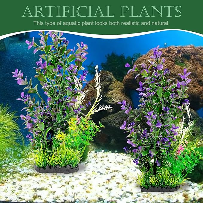 Aquarium Plants (2-Pack) Artificial Plastic Fish Fish Habitat Decor, Small to Moderate Size Aquarium Decorations, Safe Green Plants for Freshwater Tanks (Purple & Green Mix)