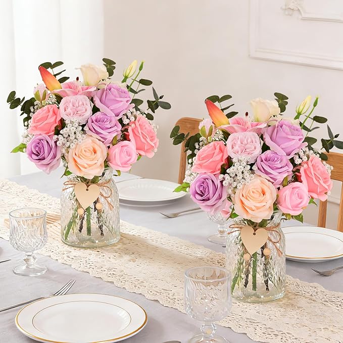 Livole 22Pcs Fake Flowers with Vase Silk Pink Artificial Flowers in Vase with Light Fake Plant Eucalyptus Flower Arrangement for Table Centerpieces Decor for Living Room Coffee Home Farmhouse