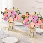 Livole 22Pcs Fake Flowers with Vase Silk Pink Artificial Flowers in Vase with Light Fake Plant Eucalyptus Flower Arrangement for Table Centerpieces Decor for Living Room Coffee Home Farmhouse