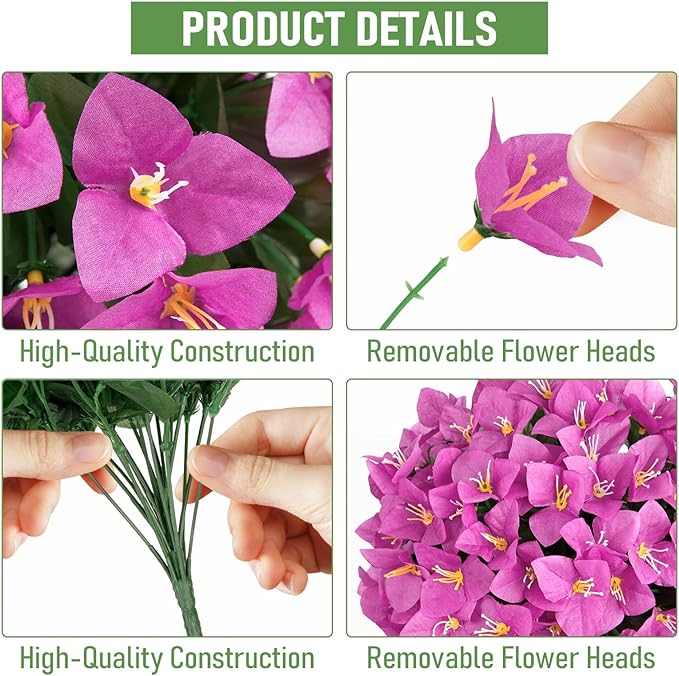 ATTGREAT Artificial Bougainvillea for Outdoors Faux Plants UV Resistant Flowers Fake Plastic Plants Realistic Silk Flowers for Porch Planter Garden Outside Hanging Decoration, 2Pcs (Purple Red)