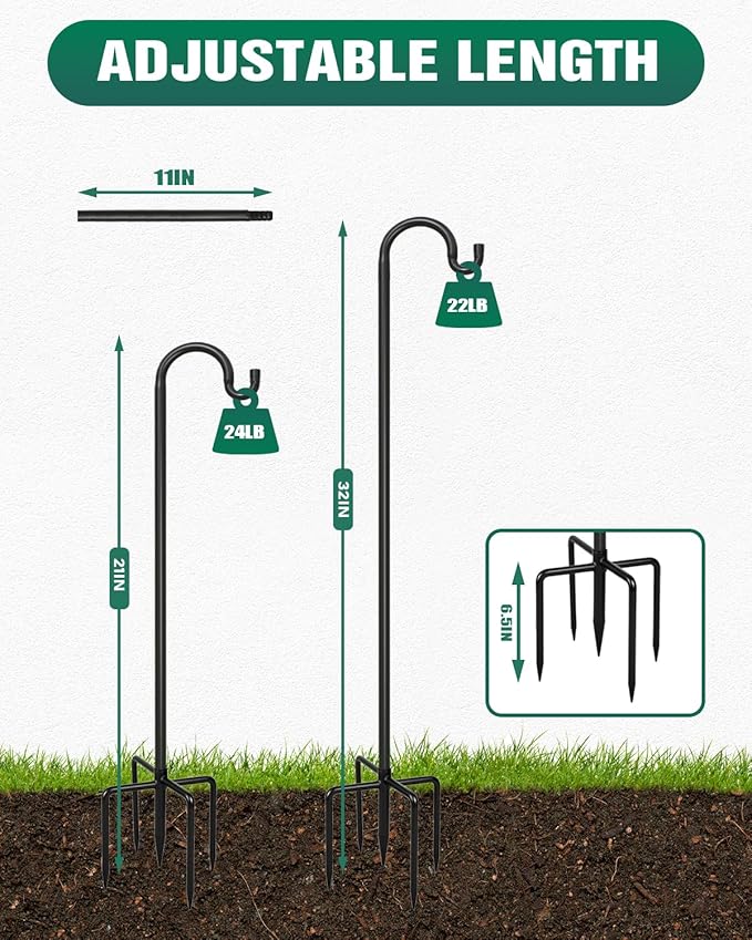 Breeze Touch 1Pack 32 Inch Adjustable Shepherd Hooks for Outdoor Outside, Heavy Duty with 5 Prongs Base, for Hanging Lantern, Hummingbird Feeder, Lightweight Plant, Wind Chime, Bird Feeder Hanger