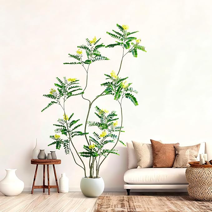Artificial Mahonia Fortunei Tree - 6FT Artificial Plants Indoor, Fake Floor Plant with White Planter, Tall Sumac Faux Plants for Decor Indoor Home Sala Office Hotel Patio Studio (Yellow)