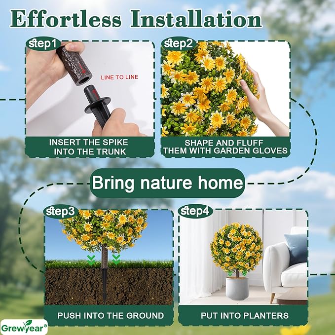 Fall Artificial Topiary Ball with Spike Set of 2, Faux Boxwoods for Outdoor Planters, UV Resistant Artificial Outdoor Plants for Porch, Fake Bushes Round Shrub with Orange Yellow Flower