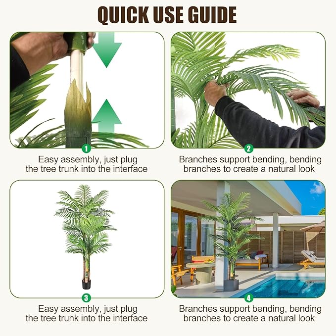 6ft Tall Triple Golden Cane Palm Artificial Tree Large Tropical Palm Tree UV Resistant Fake Plant in Pot for Indoor Outdoor Big House Living Room Outside Patio Office Home Decor 1Pack