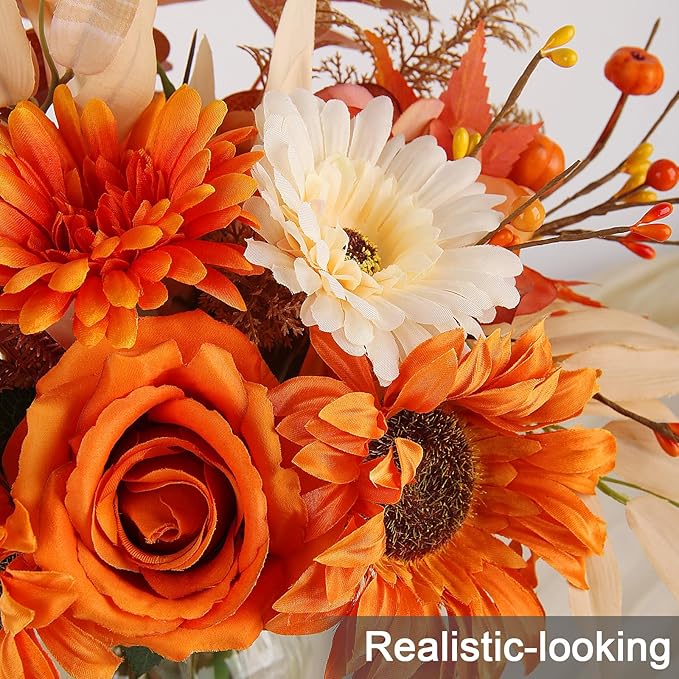 Faux Flowers with Vase, Artificial Silk Roses in Vase, Fake Plant Eucalyptus Flower Arrangement for Fall Decorations Indoor Home Office Farmhouse Table Centerpiece Coffee Table Decor (Orange)