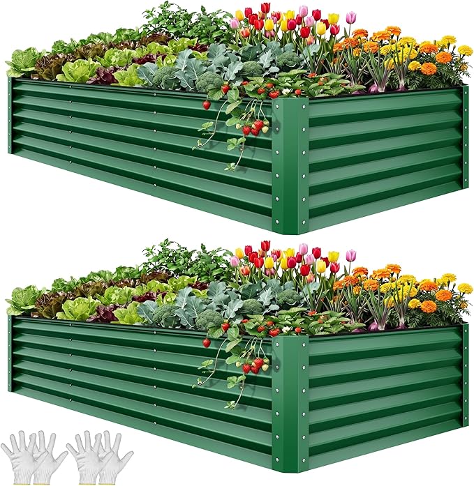 YITAHOME 8x4x1.5ft 2pcs Large Raised Garden Bed Kit, Galvanized Metal Planter Box with Gloves, Ground Nails & Safety Rubber, Outdoor Above Ground Planters for Plants Vegetables Flowers, Green