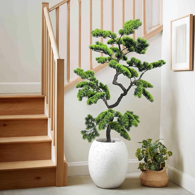 4.6ft Artificial Bonsai Tree Juniper Faux Pine Plant | Large Indoor Fake Tree Decor with Black Plastic Pot for Home, Office Desk, Table, Shelf, Bedroom & Living Room Decor (Green)
