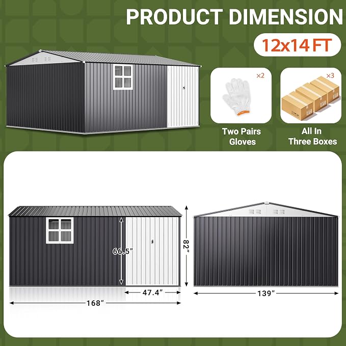 Polar Aurora 12X14 FT Metal Outdoor Storage Sheds with Window, Heavy-Duty Galvanized Steel Garden Shed with Lockable Doors and 4 Vents, Large Weatherproof Tool Shed Kit for Backyard Patio, Black
