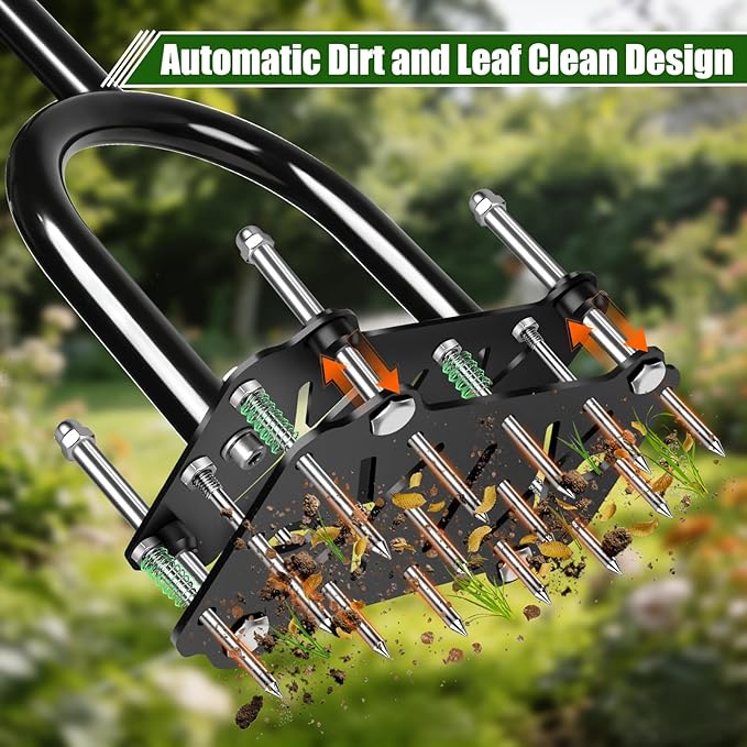 Bigwish Adjustable Lawn Aerator Tool with Rebound Spring – 16 Sharp Metal Spikes Soil Aerator with Ergonomic T-Handle & Wide Foot Plate, Heavy Duty Yard Lawn Aerator for Garden Lawn Care