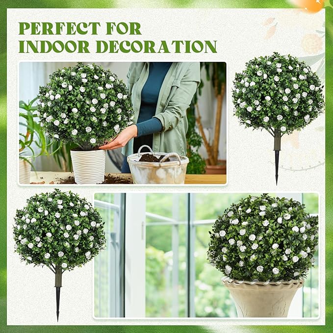 Lunmon 2 Pack 24" Artificial Topiary Ball Plants Trees with Flowers, Outdoor Fake Topiary Plants with Ground Spike, UV Resistant Faux Bushes for Indoor Outdoor Front Door Decor (White,Rose)