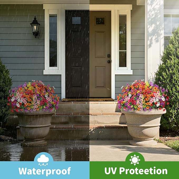 Artificial Outdoor Flowers, Realistic UV Resistant Waterproof Faux Plants, Full Looking Fake Flowers for Porch Planters Hanging Baskets Garden Patio Yard Outdoor Decor, 20 Bundles 7 Colors