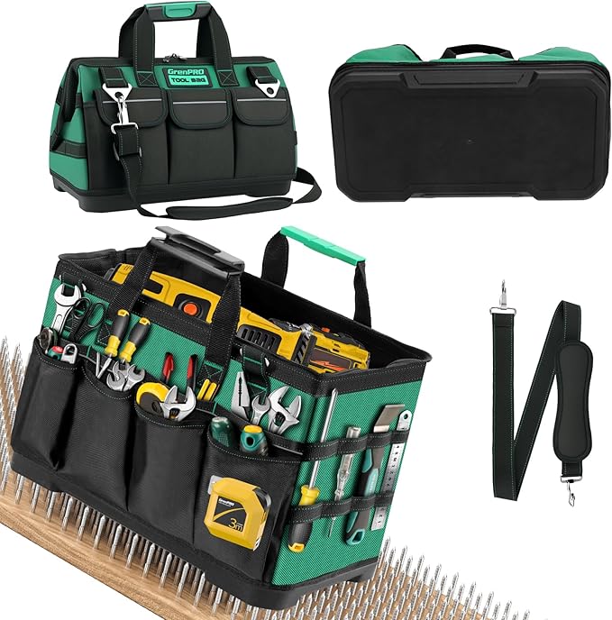 GRENPRO Tool Bag, 16 Inch Molded Bottom Toolbag, 18-Pocket Heavy Duty Portable Waterproof Toolbox, Soft Handle Tool Organizer for Mechanics, DIY, Valentines Day Gifts for Him Dad Men