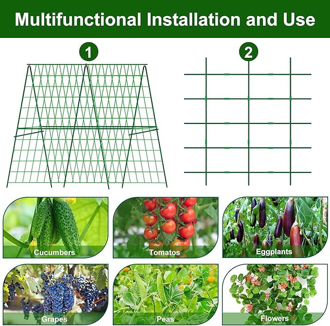 48 x 48 Inch Foldable Cucumber Trellis for Raised Bed- A-Frame Garden Trellis for Climbing Plant Outdoor with Climbing Net and Plant Support Clip for Outdoor Plants Zucchini Vegetables Tomato Flowers