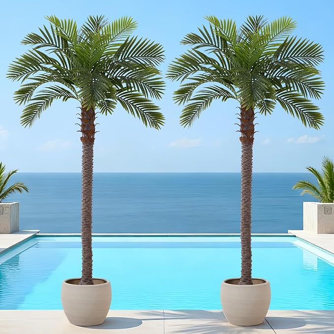 8.5FT Artificial Coconut Palm Set of 2, Faux Silk Palm Tree, Tropical Fake Trees for Indoor Outdoor, Large Sago Palm Plants for Home Office Garden Patio Poolside Backyard