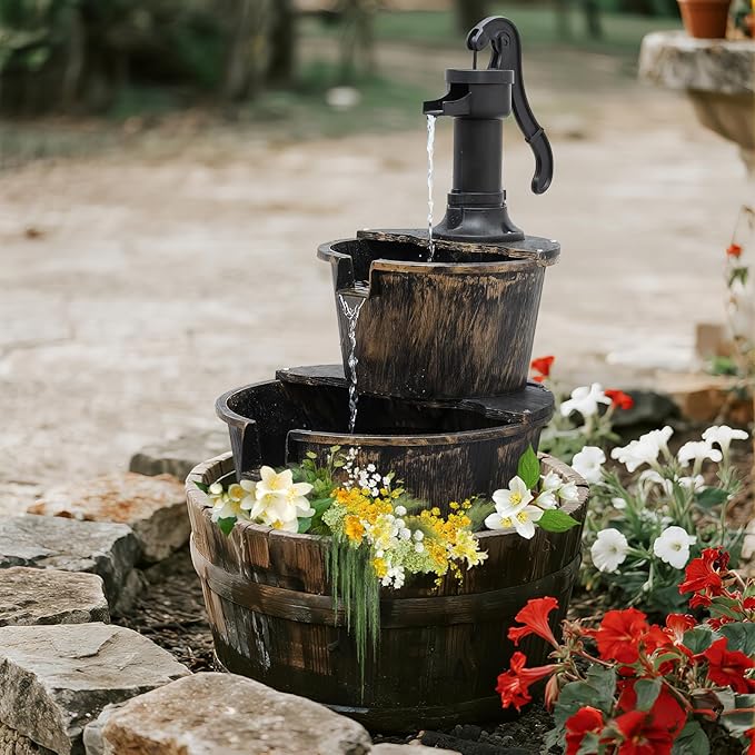 Magshion 27" Tall Outdoor Barrel Pump Water Fountain, 2-Tier Soothing Cascading Waterfall Feature with Electric Recirculating Pump, Garden Decor for Outside Patio, Yard, Porch or Landscape, Bronze