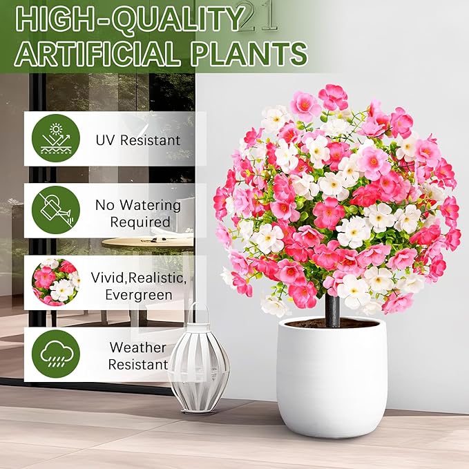 Waipfaru Set of 2 Artificial Boxwood Topiary with Colorful Flowers, 23" UV Resistant Fake Bushes Faux Outdoor Plants, Artificial Shrubs with Ground Spike for Outdoor Garden Front Porch(Pink, White)