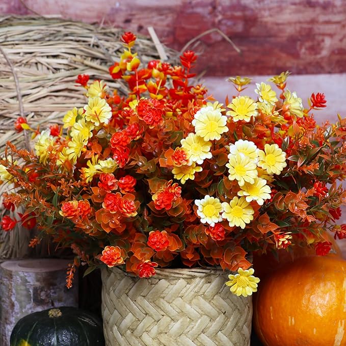 16 Bundles Artificial Fall Mums Flowers Plants Outdoors, Faux Plastic Shrubs Fake Greenery UV Resistant for Garden Patio Decor Window Box Office Hanging Planter Pathway Front Porch (Orange Mixed)