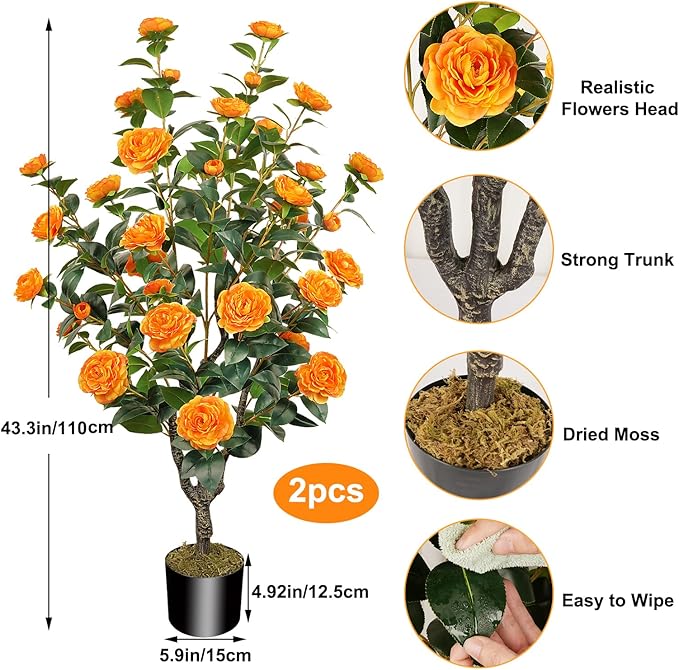 2 Pack 43.3"/3.6FT Artificial Tree with Camellia Flowers Fake Tree with 32 Blooming Flowers Orange Tree for Spring Home Front Door Outdoor Indoor Decor (Including Faux Moss)