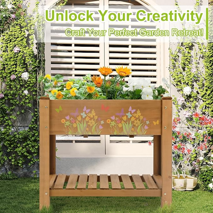 ketive Raised Garden Bed with Legs - Elevated Wooden Planter Box, Durable Fir Wood, Reinforced Frame with Drainage Holes, Liner, and Storage Shelf for Vegetables, Herbs, Flowers, 33.5" x 18" x 30"