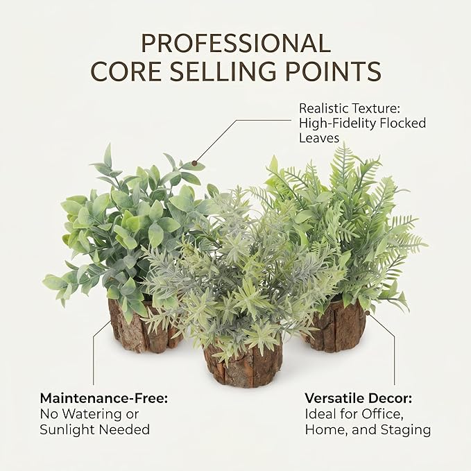 3 Pack Mini Potted Artificial Greenery, Realistic Frost and Snow Plants with Tree and Flower Pots, Lifelike Low-Maintenance Tabletop Decor for Home Office Desk Shelf