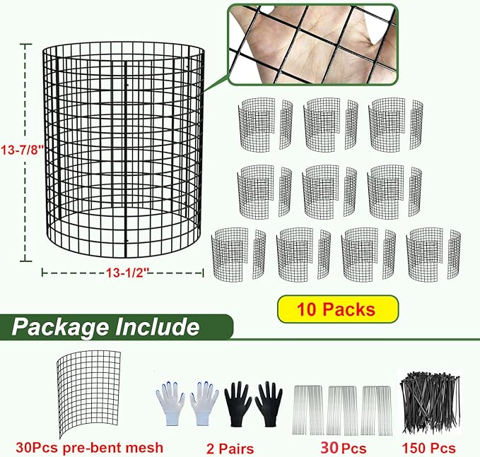 10 Pack Plant Protector from Animals, 13.5" Dia x 14" H Wire Plant Protectors, 30pcs Pre-Bent Metal Mesh to Keep Animals Out with Zip Ties & Stakes (10 Packs)