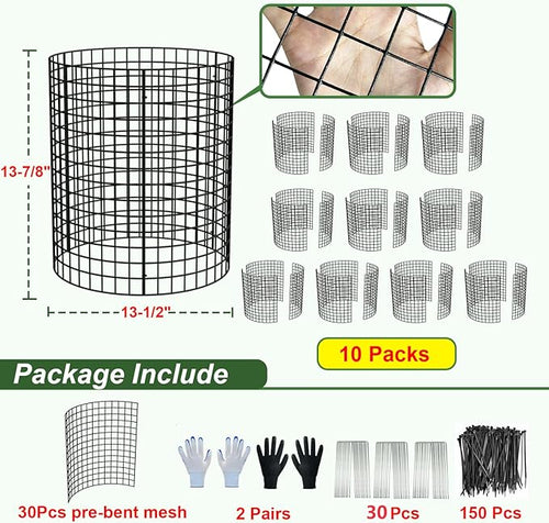 10 Pack Plant Protector from Animals, 13.5" Dia x 14" H Wire Plant Protectors, 30pcs Pre-Bent Metal Mesh to Keep Animals Out with Zip Ties & Stakes (10 Packs)