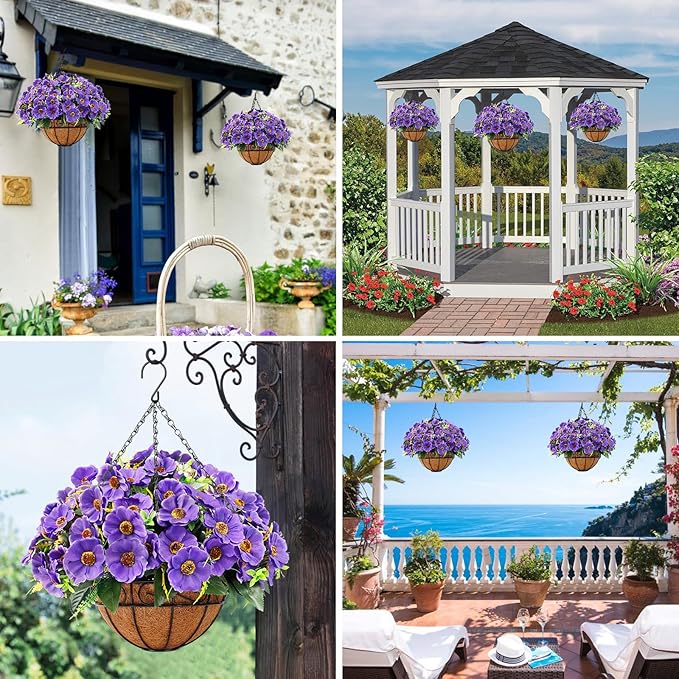 Ouddy Decor Artificial Hanging Flowers with Basket, Fake Silk Hanging Flowers in Coconut Lining Basket Faux Hanging Plants for Outdoor Indoor Spring Garden Porch Patio Balcony Home Decor, Purple