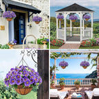 Ouddy Decor Artificial Hanging Flowers with Basket, Fake Silk Hanging Flowers in Coconut Lining Basket Faux Hanging Plants for Outdoor Indoor Spring Garden Porch Patio Balcony Home Decor, Purple