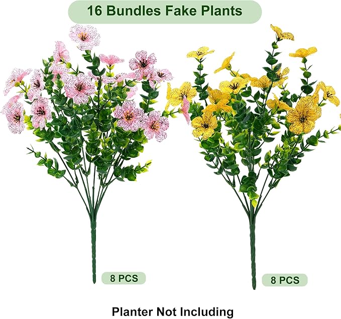 Artificial Flowers for Outdoor Fake Plants for Spring Decoration,Faux Eucalyptus Flowers for Planter UV Resistant Lifelike for Home Porch Garden (Yellow/Pink)