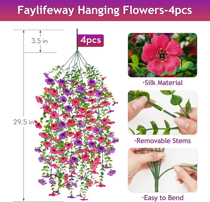 Artificial Hanging Flowers for Outdoors Spring Summer Decoration, 4PCS UV Resistant Silk Fake Hanging Plants for Patio Porch Front Yard Window Garden Indoor Decor(Purple&Hot Pink,4PCS)