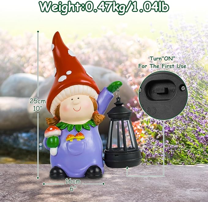RICHIE Gnome Statue Garden Ornaments Art Outdoor Decoration with Solar Powered LED Lights Decor for Patio,Balcony,Yard, Mum Birthday Gifts, Garden Gifts for Women, Chrismtas Gifts for Mom Grandma