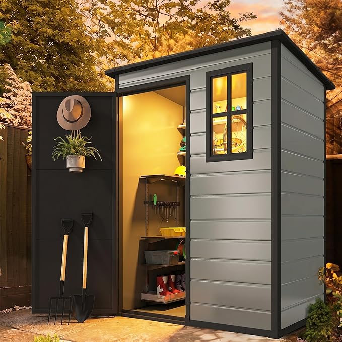 DWVO 5x3ft Resin Outdoor Storage Shed with Floor, Waterproof Lockable Storage Shed with Window, Plastic Outside Tool Storage for Garden, Backyard Patio