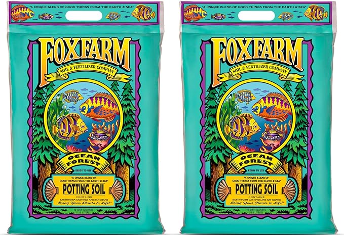 FoxFarm Ocean Forest Potting Soil for Container Gardens - Light, Aerated Texture with Fish Meal, Crab Meal, Earthworm Castings - Houseplant Potting Mix for Seedlings & Plant Starts - 2 x 12 Quart