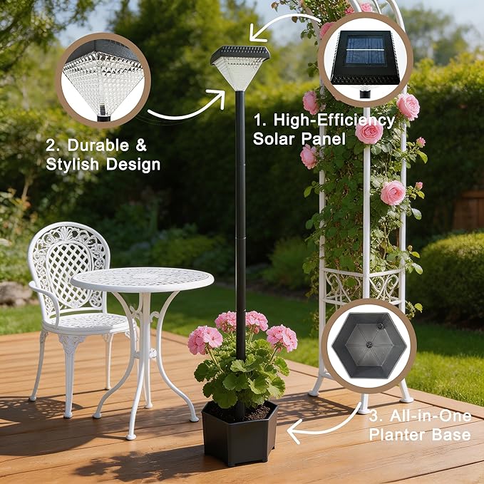 54" Solar Lamp Post with Planter, Outdoor Solar Post Lights - IP44 Waterproof, Diamond Lamp Head Design, White Lights Dusk to Dawn 6-8Hr, Easy Install for Lawn, Patio, Porch, Yard & Pathway Decor
