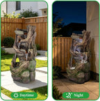 Solarbloom 38.6" H Outdoor Fountains, Multi-Tier Rock Tree Trunk Outdoor Water Fountain with LED Lights, Freestanding Cascading Waterfall for Garden, Patio, Backyard, Porch Decor