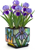 Handmade Tiffany Style Stained Glass Iris Planter, Decorative Succulent Pot with Drainage, Indoor Plant Pot for Home Decor, Unique Gardening Gift for Plant Lovers, Mom, Women