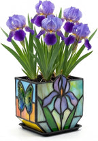 Handmade Tiffany Style Stained Glass Iris Planter, Decorative Succulent Pot with Drainage, Indoor Plant Pot for Home Decor, Unique Gardening Gift for Plant Lovers, Mom, Women