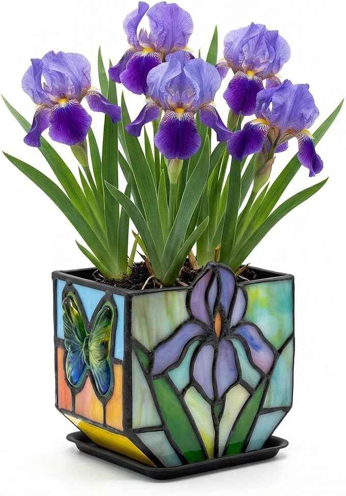 Handmade Tiffany Style Stained Glass Iris Planter, Decorative Succulent Pot with Drainage, Indoor Plant Pot for Home Decor, Unique Gardening Gift for Plant Lovers, Mom, Women