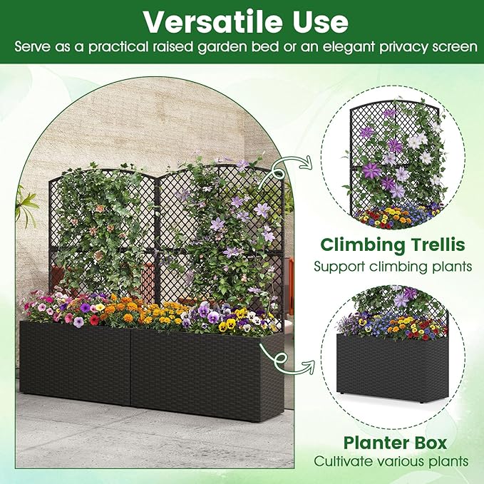 HAPPYGRILL Raised Garden Bed with Trellis, 49" Wicker Planter Box w/Privacy Screen, Liner, Drainage for Patio Balcony, Outdoor PE Rattan Elevated Garden Bed for Climbing Plant Vine Flower (Black,1)