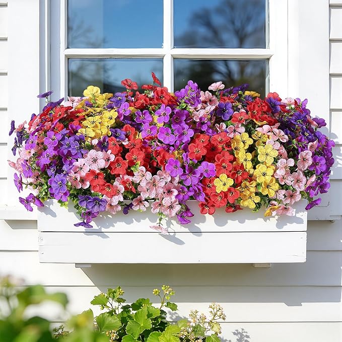 Alupssuc 20 Bundles Artificial Flowers for Outdoor Indoor Decoration, UV Resistant No Fade Fake Plants Eucalyptus, Colorful Faux Spring Flowers for Outside Yard Porch Patio Garden Home Window Box