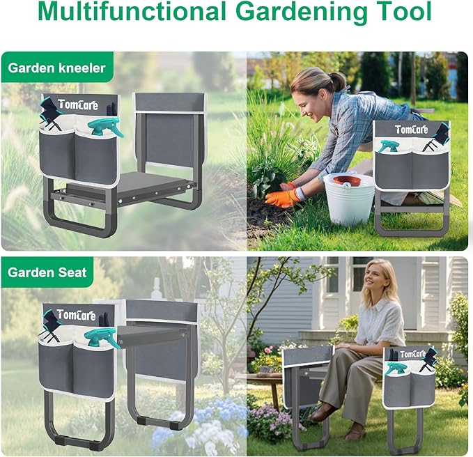 TomCare Garden Kneeler and Seat 11.14” Wider Larger Soft Kneeling Pad Garden Bench with 2 Large Tools Pouches Heavy Duty Foldable Garden Stool Gardening Gifts for Women Men Gardeners Seniors,Gray